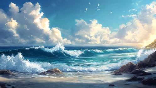 Sunlit ocean breakers rolling toward a tranquil shore.