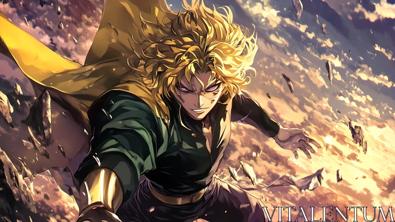 Blond anime warrior flying through shattered sky scene.