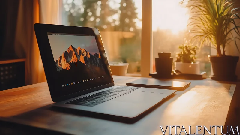 Warm backlit laptop workstation shows shallow depth and soft bokeh