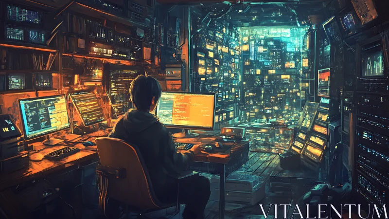 Late-night coder in a glowing city of humming screens.