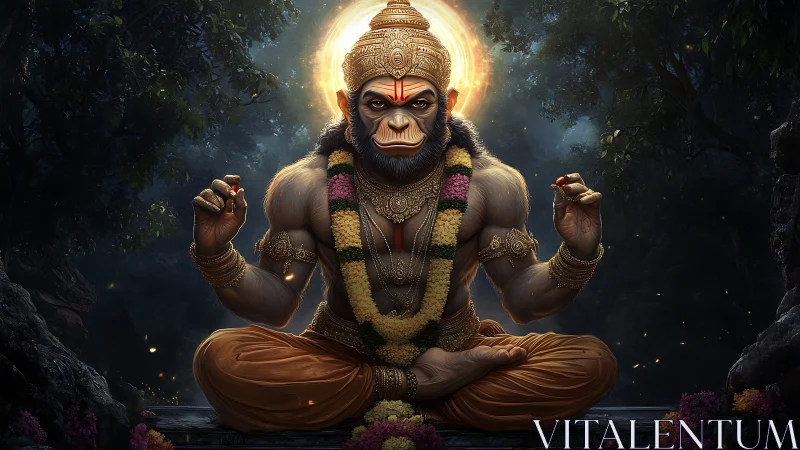 Radiant monkey sage in deep forest meditation at night.