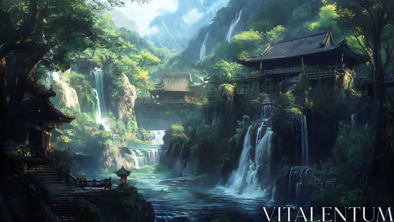 Mountain temple complex rises amid cascading emerald waterfalls.