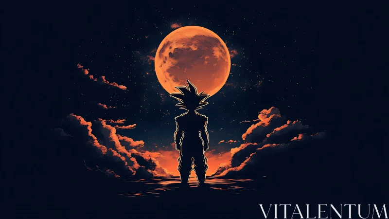 Anime silhouette against lunar horizon in nebular nightscape.