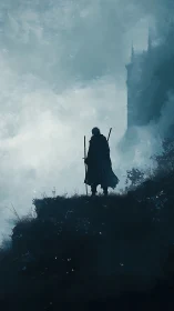 Lone cloaked wanderer pauses on a misty cliffside edge