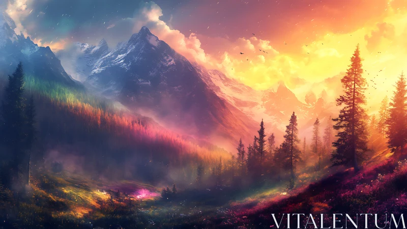 Chromatic alpine ridge under volumetric sunset scattering glow