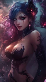 Midnight sorceress wrapped in living shadowed embers.