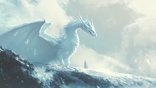 Gentle meeting between ice dragon guardian and lone wanderer.