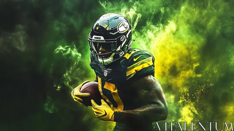 Dynamic gridiron running back amid neon green vapor explosion