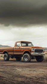 Rusty-orange classic pickup waiting under stormy skies.