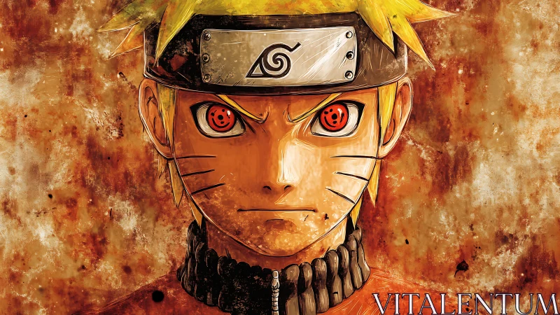 Intense anime ninja portrait with glowing red eyes.