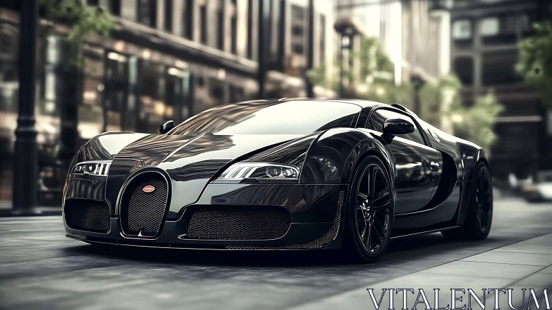 Black hypercar parked on glossy urban city street at dusk.