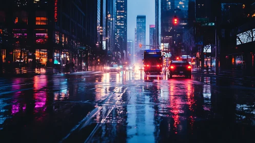 Neon city street glows gently in the quiet after the rain
