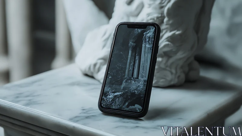 Modern phone quietly resting among cool marble sculpture