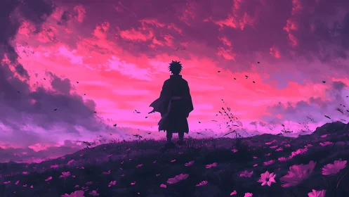 Solitary wanderer contemplates a neon twilight horizon.