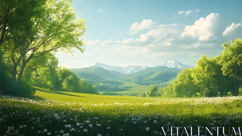 Sunlit mountain meadow opens toward distant snowy peaks