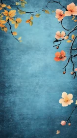Golden and coral blossoms cascade across deep teal canvas.