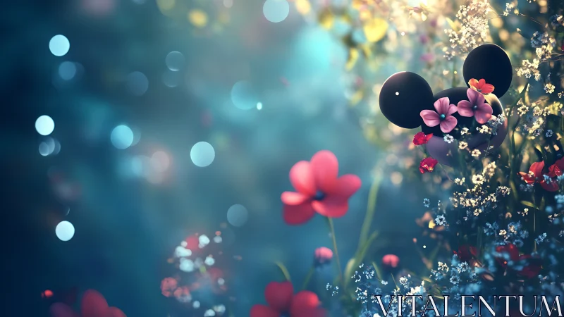Digital floral scene shows stylized mouse ears among blossoms