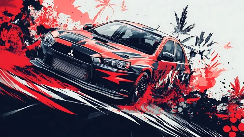 Vector-splattered rally sedan in dynamic lateral drift composition.