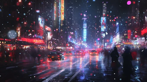 Neon city snowfall over a glowing midnight crossroads.