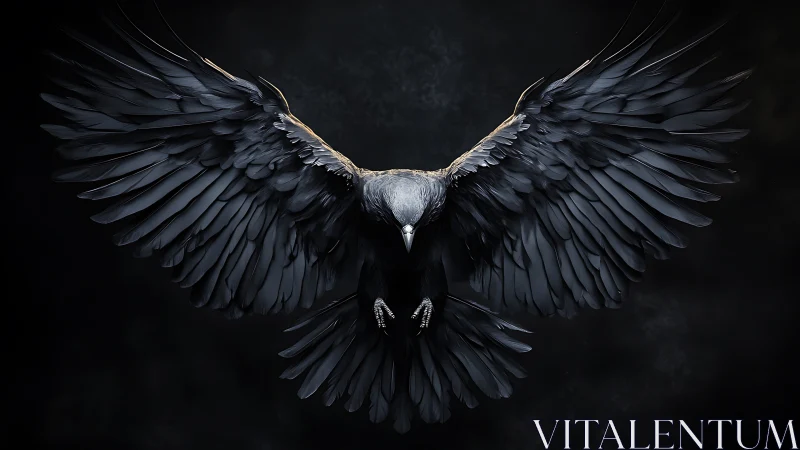 Dark-plumage raven captured mid-flight in dramatic chiaroscuro