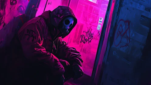 Hooded figure in gas mask sits in neon graffiti alleyway