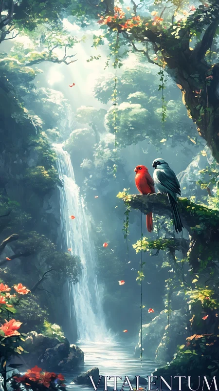 Two colorful birds in lush forest by tall waterfall