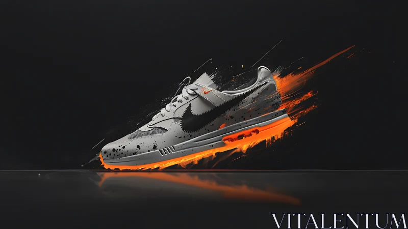 Grey sneaker blasts through neon orange motion streaks.
