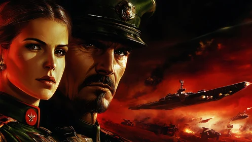 Militaristic command portrait over apocalyptic warfront digital painting.