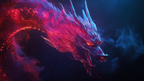 Luminous neon dragon gliding through midnight misty skies.