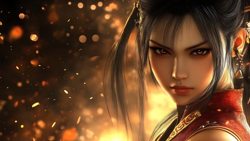 Fierce warrior woman stares through sparks in burning light