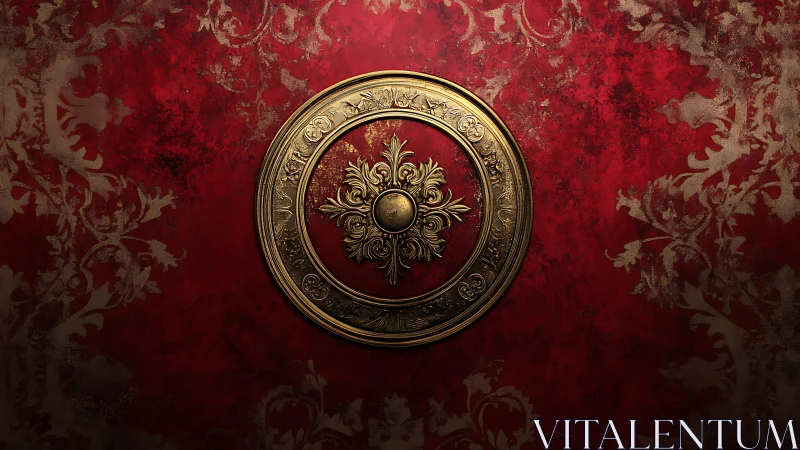 Baroque gilt medallion ornament contrasts with rich red damask