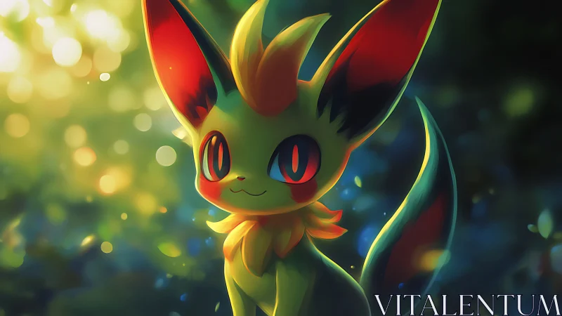 Cute foxlike creature in glowing forest background scene.