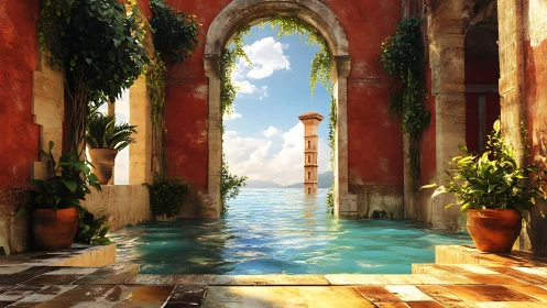 Digital painting of flooded Mediterranean archway courtyard.