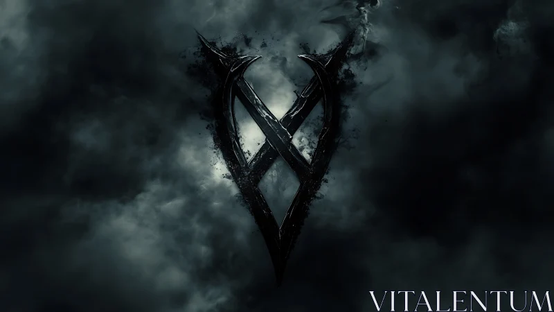 Dark metallic emblem emerging from dense swirling fog.