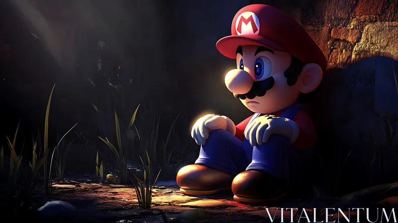 Mario sits alone in dramatic light against worn wall.