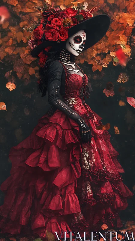 Crimson Catrina drifting through autumn&rsquo;s quiet ember storm.
