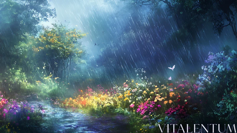 Lush forest garden under rain with glowing wildflowers.