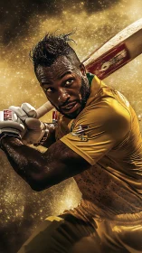 Cricket batsman in gold uniform poised for powerful shot.