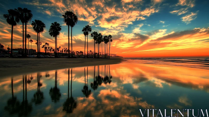 Sunlit palm shore reflecting a dreamy, glowing evening sky.