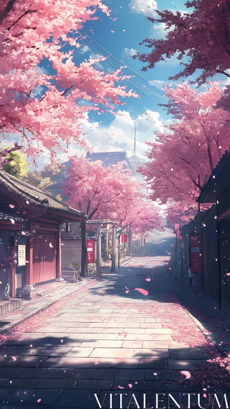 Cherry blossom street stretches through quiet traditional town