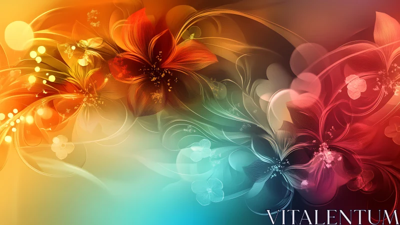 Radiant abstract blossoms swirl through prismatic light.