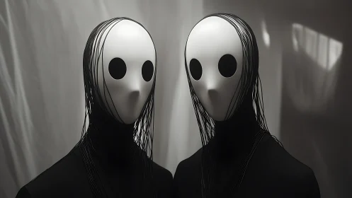 Surreal twin figures with white masks and black strands.