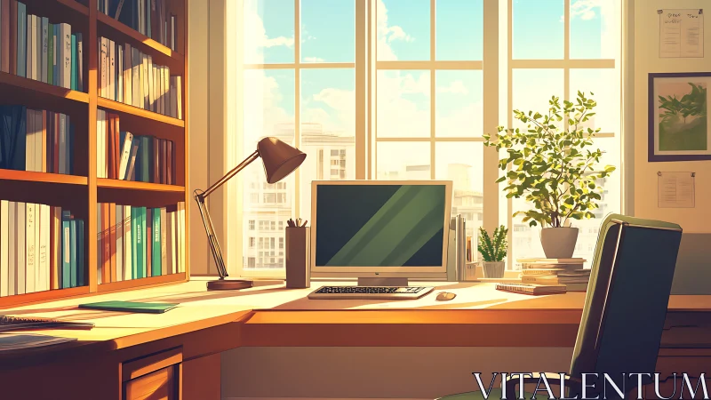 Sunlit corner workstation with monitor, books, and foliage integration