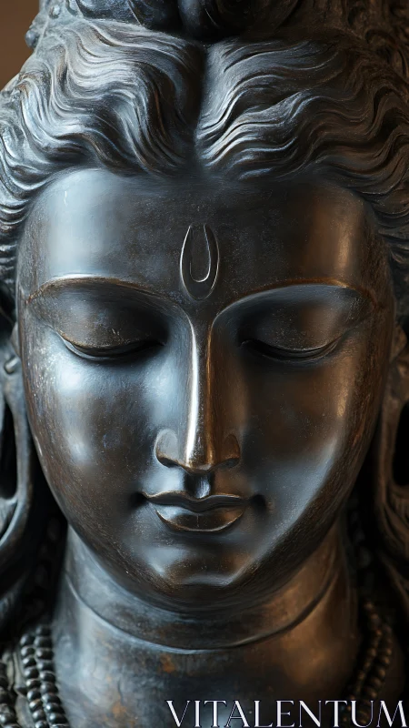 Close frontal view of dark metal serene-faced sculpture.