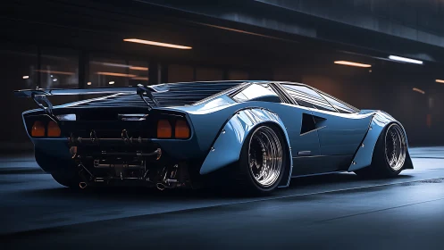 Widebody retro supercar render in moody tunnel lighting.