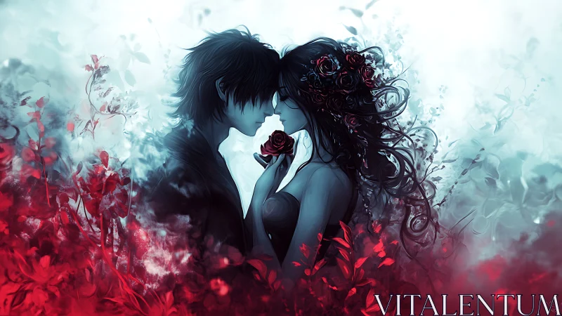 Silhouetted Figures Embracing Amidst Rose Petals and Ethereal Floral Atmospheric Rendering