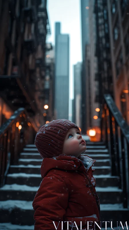 Young Wonder Gazes Skyward Through Urban Canyon