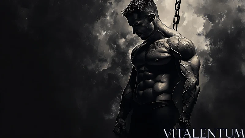 Digital painting of chained muscular male figure in chiaroscuro.