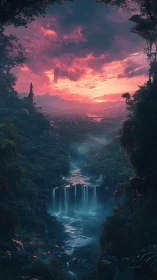 Spectral jungle canyon with tiered waterfalls at neon dusk.