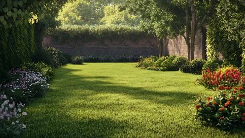 Sunlit walled garden lawn with lush flower borders.